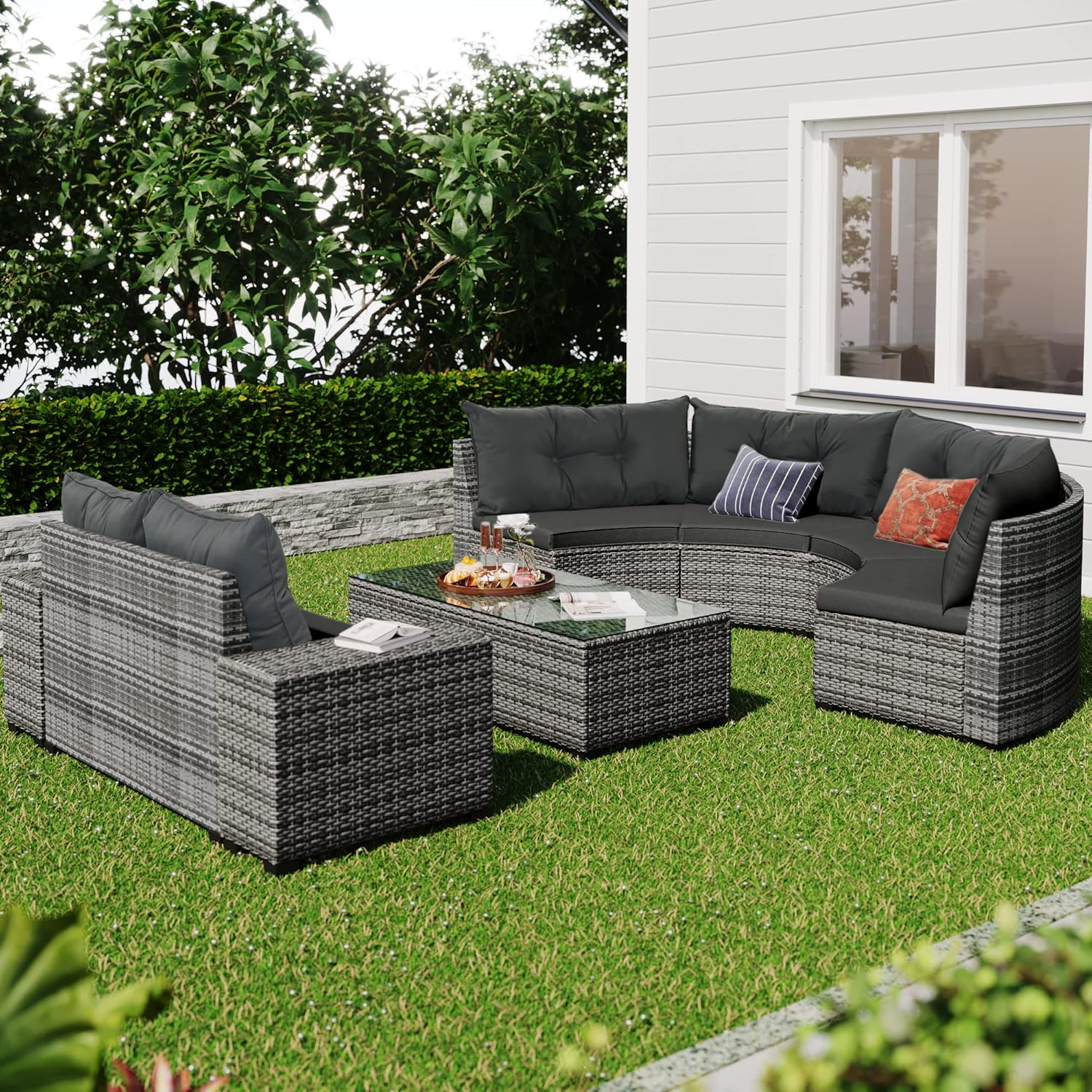 Outdoor Patio Furniture 8-Piece Half-Moon All Weather Wicker Curved Sectional Sofa Conversation Set with Rectangular Coffee Side Tables, Removable Cushions, Gray
