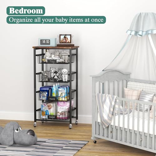 4-Tier Vegetable Fruit Basket Kitchen Storage Rolling Cart on Wheels with Pull-Out Baskets and Wood Top for Kitchen Diningroom Pantry