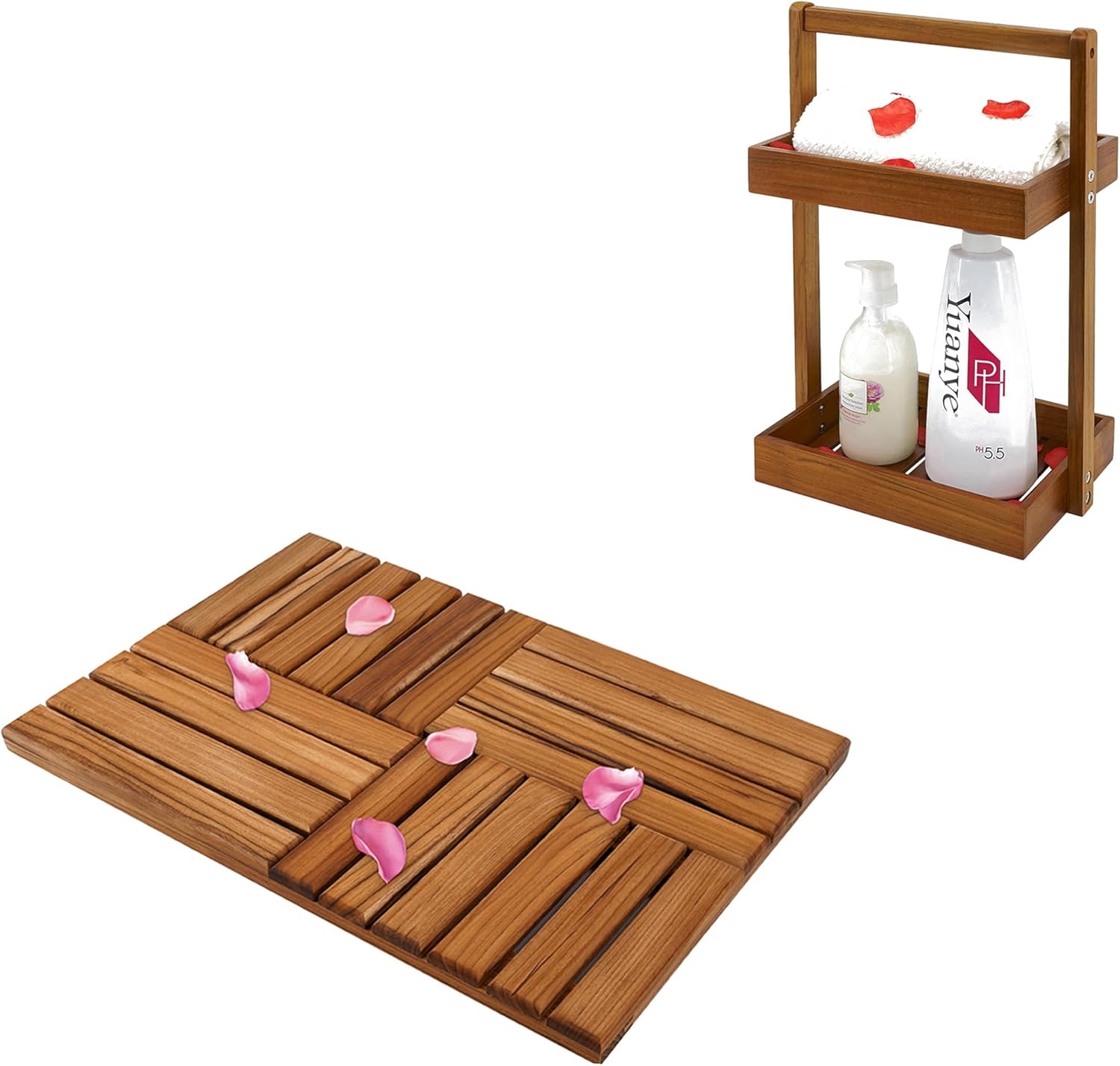 Utoplike Teak Wood Bath Mat, Wooden Shower Mat for Bathroom 24 x 16 inch Non Slip and Shower Caddy Corner, 2 Tier Bathroom Organizer Countertop Set