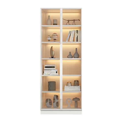 LITFAD Modern Wood Bookcase with Cabinet, Transparent Glass Doors Living Room Display Cabinet Freestanding Book Shelves for Bedroom Home Office Library - White 23.6