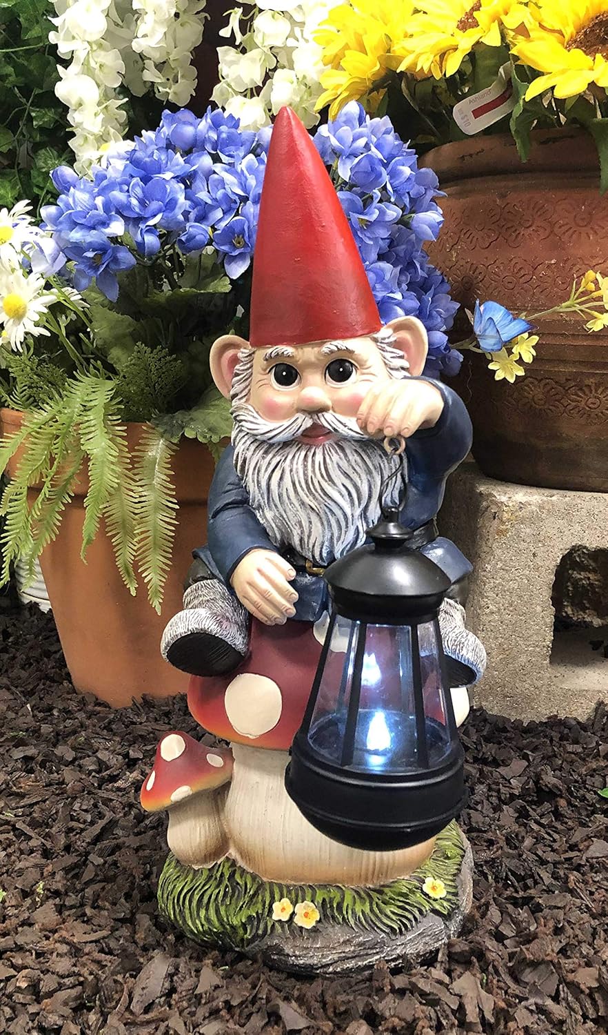 Ebros Large Whimsical Big Eyed Mr Gnome Sitting On Giant Toadstool Mushroom Holding Out Solar LED Lantern Light Statue 15