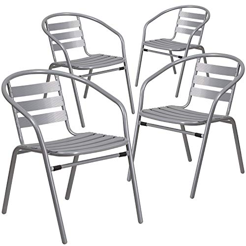 EMMA + OLIVER Rhea Stack Chairs with Metal Slats - Bronze - Metal - Set of 4 - All-Weather for Indoor/Outdoor Use