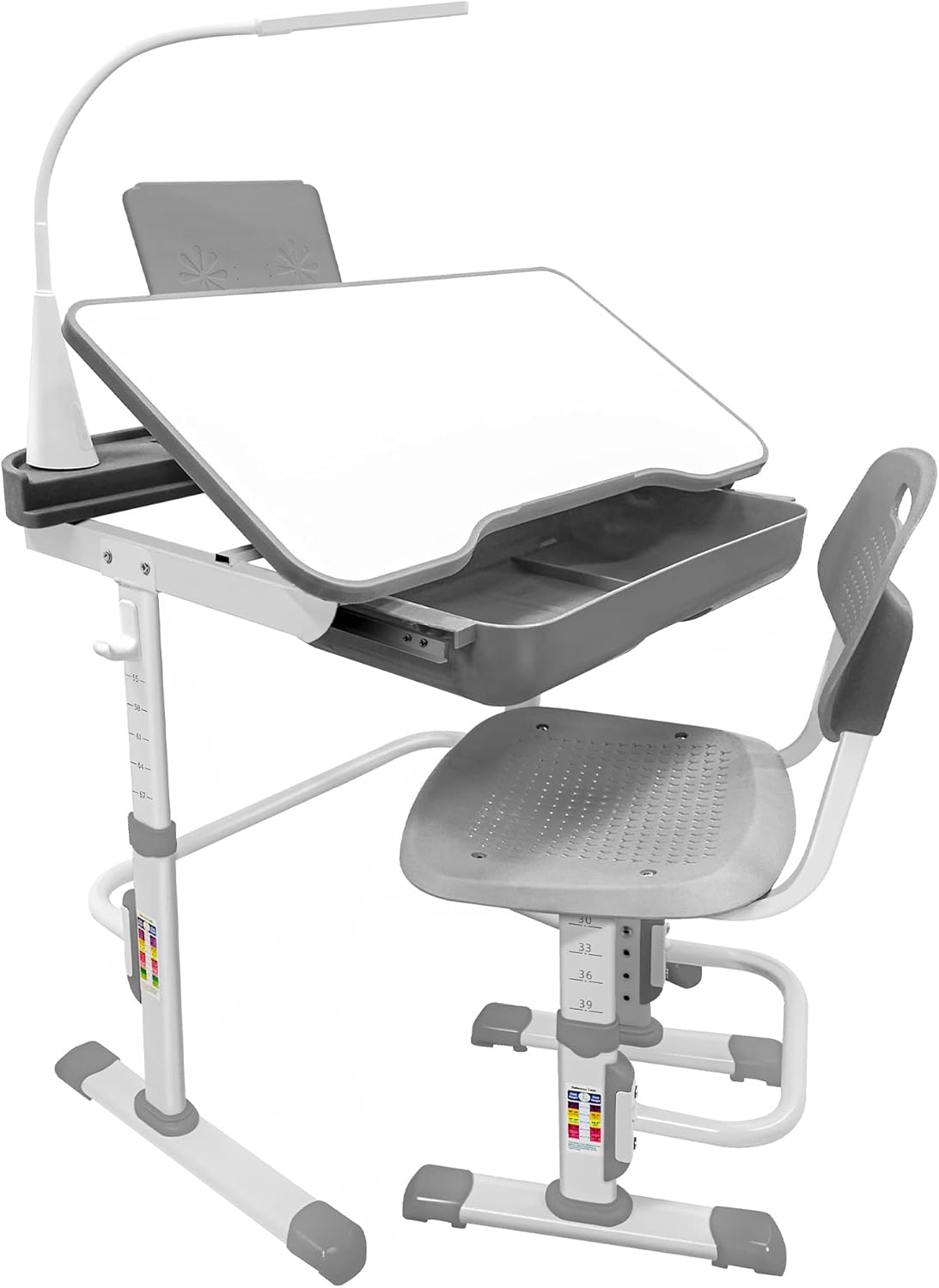 Yinleader Kids Desk and Chair Set,Height Adjustable,Spacious Storage Drawer,with Adjustable Tilted Desktop, Bookstand, Touch Led Lamp for School Student (Gray Set)