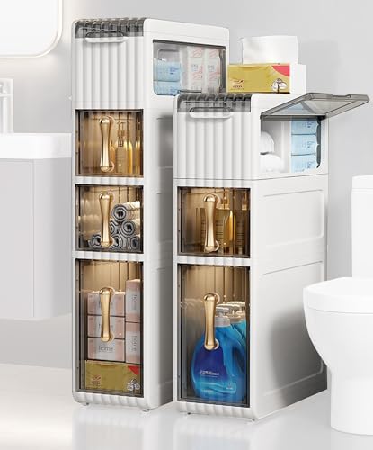 Bathroom Plastic Floor Cabinet with Drawers and Casters Large Capacity Narrow Tall Slim Waterproof Toilet Paper Holder Organizer Vertical Storage Unit for Small Spaces Gaps White, 2-Tiers
