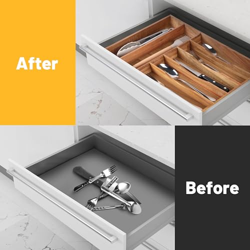 Kitchen Acacia Silverware Organizer, Kitchen Drawer Organizer - Extra Deep Grooved Drawer Divider, 7 Slots Utensil Organizer Silverware Holder Cutlery Organizer Flatware Tray