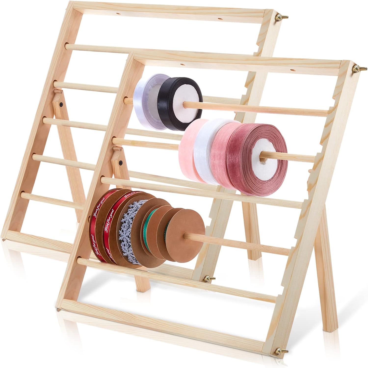 2 Sets Wood Ribbon Organizer Storage Display Ribbon Rack Holder Ribbon Organizer for Craft Room Ribbon Roll Holder Sewing Stand Organizer for Ribbon Gift Wrapping Paper Vinyl Rolls Arts Crafts Items