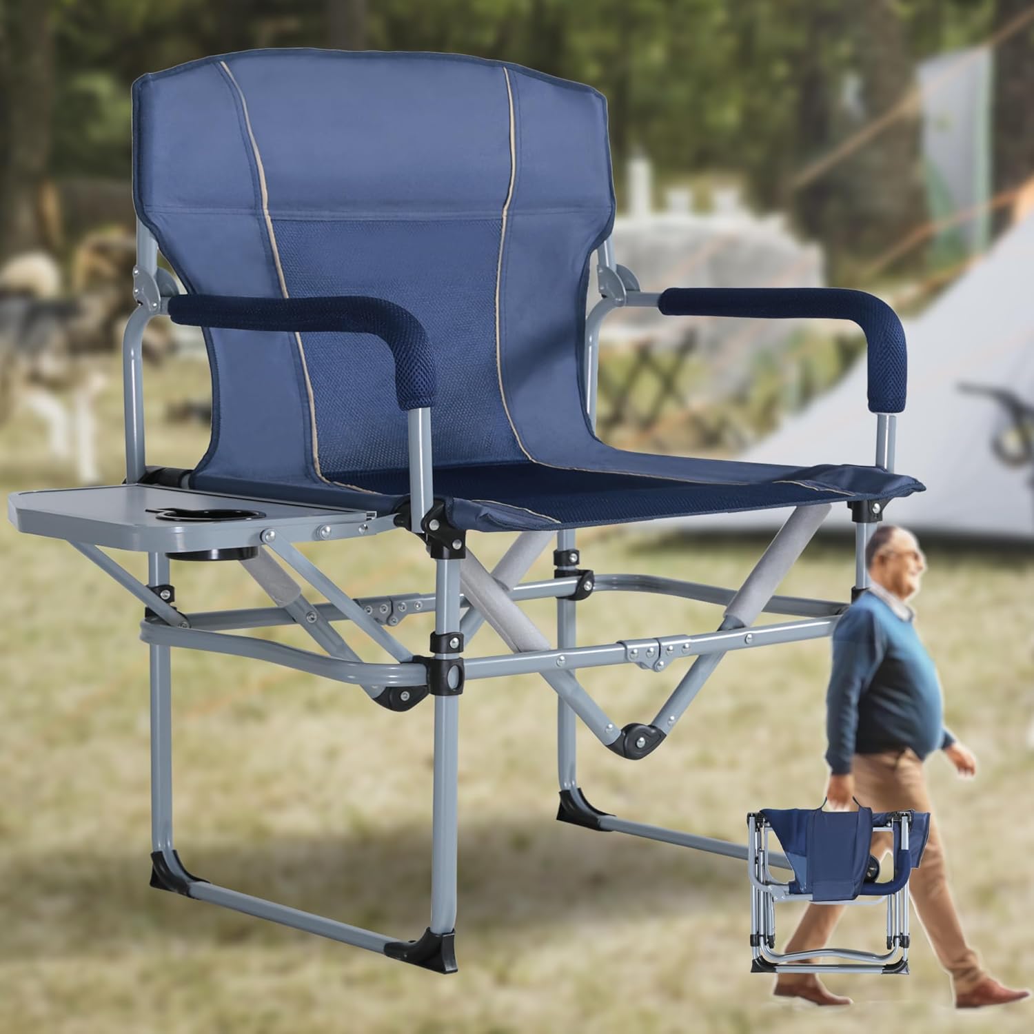 Folding Camping Chair with Side Table, Portable High Back Lawn Chair, Oversized Director Chair for Beach, Sports, Fishing, Party, Max Load 350lbs (Blue)