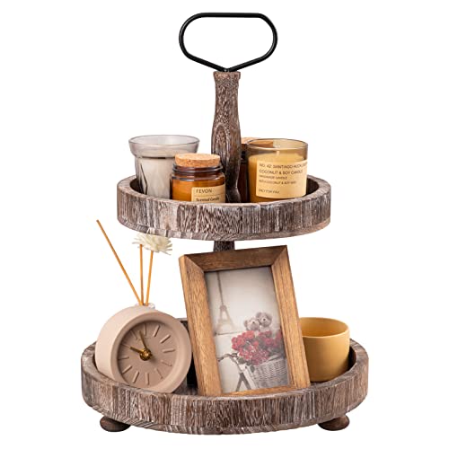 Farmhouse Two Tiered Wooden Tray Stand, UBTKEY 2 Tier Wood Round Decorative Tray with Metal Handle for Home Kitchen Seasonal Holiday Decorations, 17