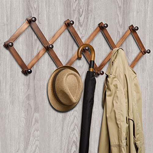 Amber Home Wood Accordion Wall Rack 17 Hooks (Pegs), Expandable Wall Mounted Hanger for Coat, Hat, Scarf, Coffee Mugs, X Shape Coat Hooks (White Color)
