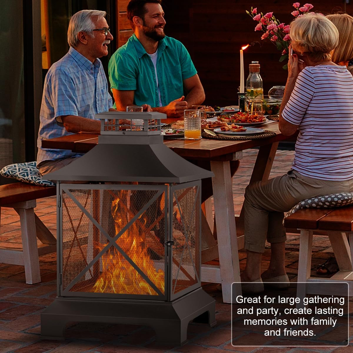 24” Square Fire pit, Outdoor Wood Burning Fire Pit & Metal Chiminea Fireplaces with Spark Screen Doors for Outside Patio Garden Backyard Bonfire Party