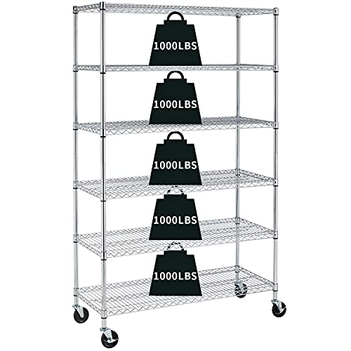HCY Garage Shelving, 82x48x18 Metal Shelves 6 Tier Wire Shelving Unit Adjustable Heavy Duty Sturdy Steel Shelving with Casters for Pantry Garage Kitchen (Black)