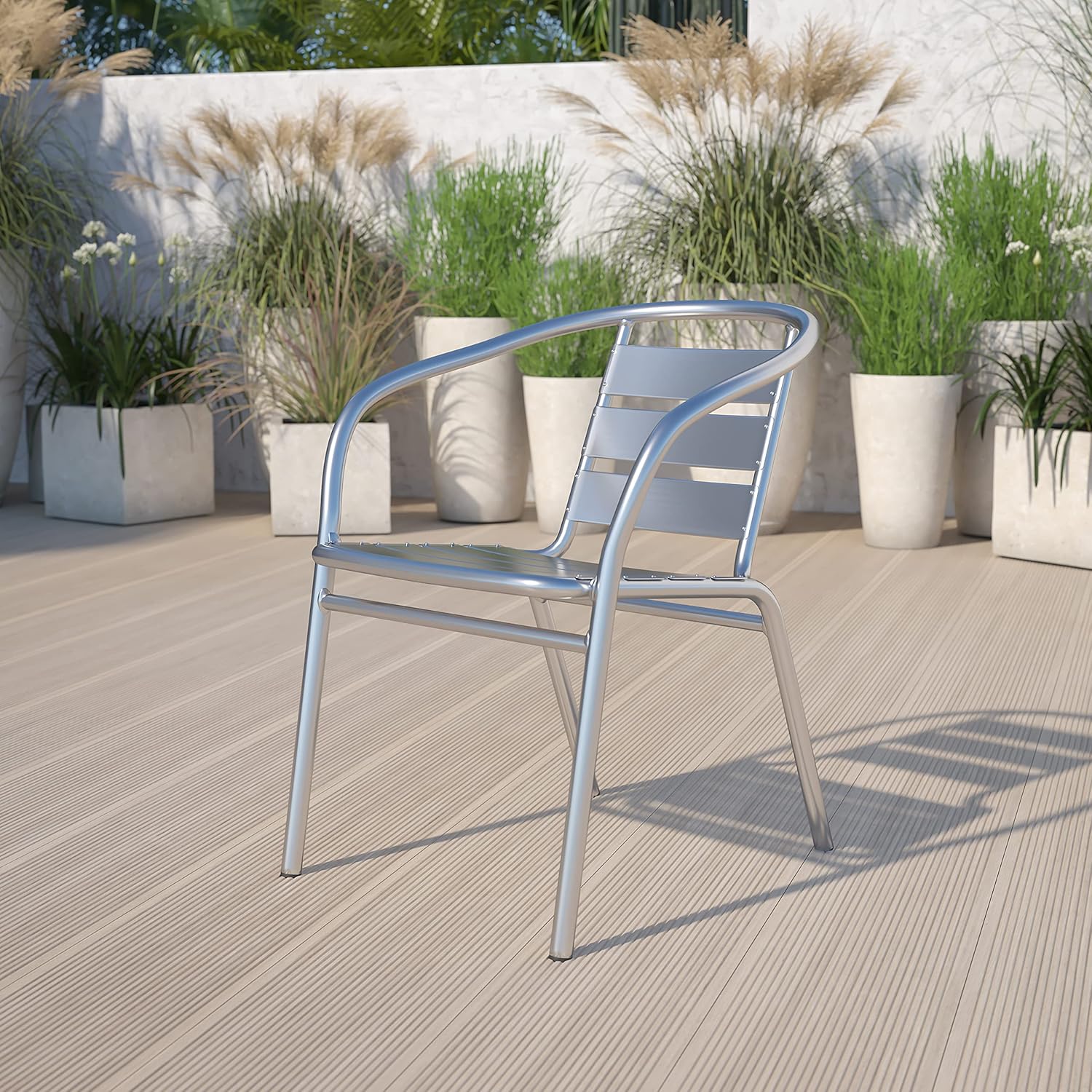EMMA + OLIVER Heavy Duty Aluminum Indoor-Outdoor Stack Chair w/Triple Slat Back