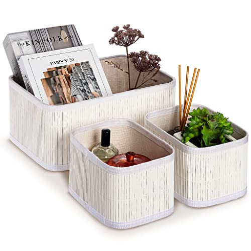 Sorbus Bamboo Storage Baskets - Set of 3 - Organizer Bins for Closet, Open Shelves, Bedroom - Fluted Design - Fabric Lining - Generous Depth & Large Size White