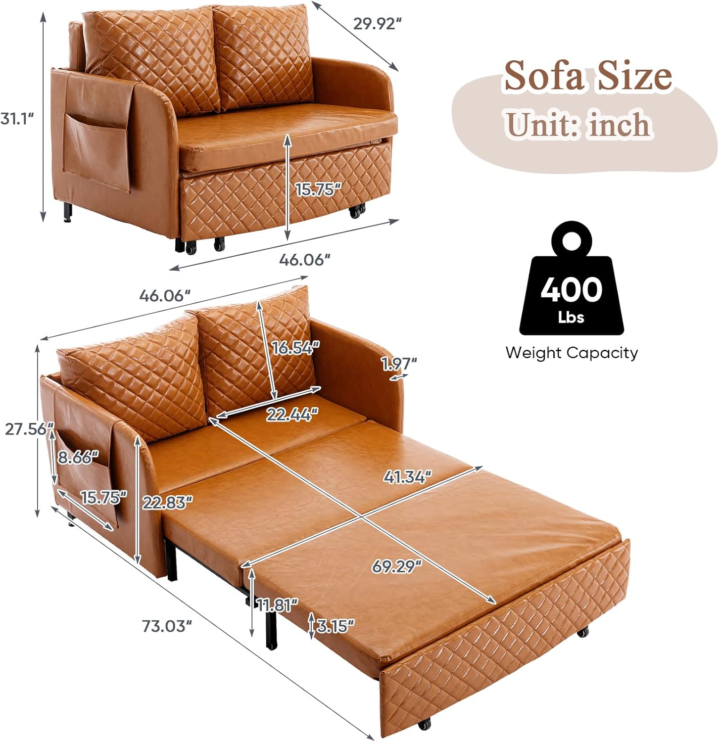 Convertible Sleeper Sofa Bed, Modern Loveseat Couch with Pull Out Bed, Small Love Seat Futon Sofa Bed with 2 Pillows&Side Pockets&Storage for Living Room,Sofa cama para habitacion (Brown PU)
