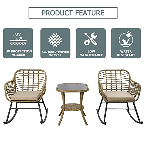 3 PCS Wicker Balcony Bistro Set, 360° Swivel Rocker Patio Chairs Set with Soft Cushions, Tempered Glass Top Table, Patio All-Weather Wicker Furniture Set - Swivel
