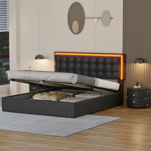 3Pcs Bedroom Set, Queen Size Upholstered Bed with LED Headboard, Hydraulic Storage Under Bed, 2 PU Nightstand with Drawers and Crystal Decoration, White