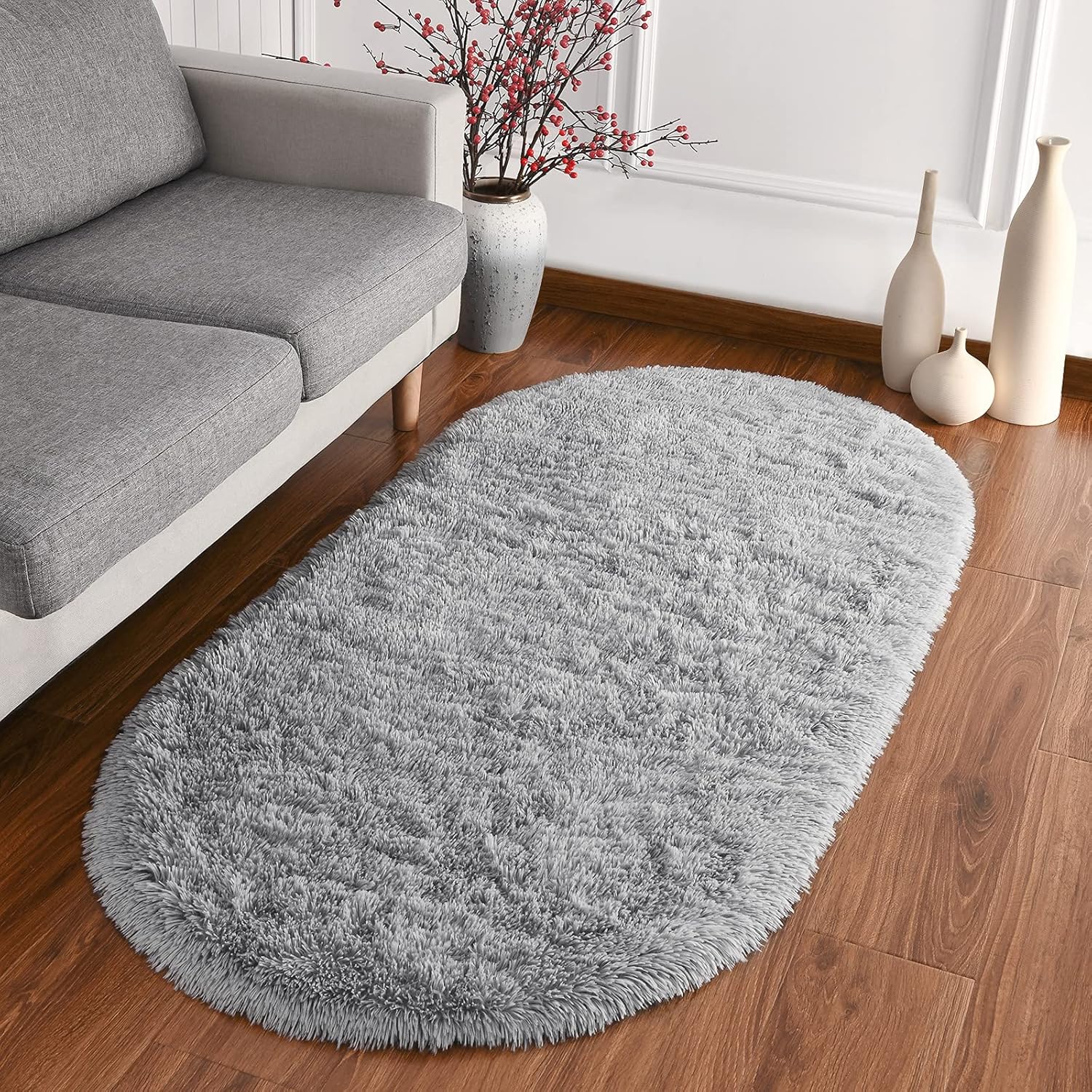 Softlife Fluffy Rugs for Bedroom Set of 2, Grey & Rainbow Shag Cute Area Rug for Girls and Kids Baby Room Home Decor, 2.6 x 5.3 Feet Oval Indoor Carpet for Nursery Dorm Living Room
