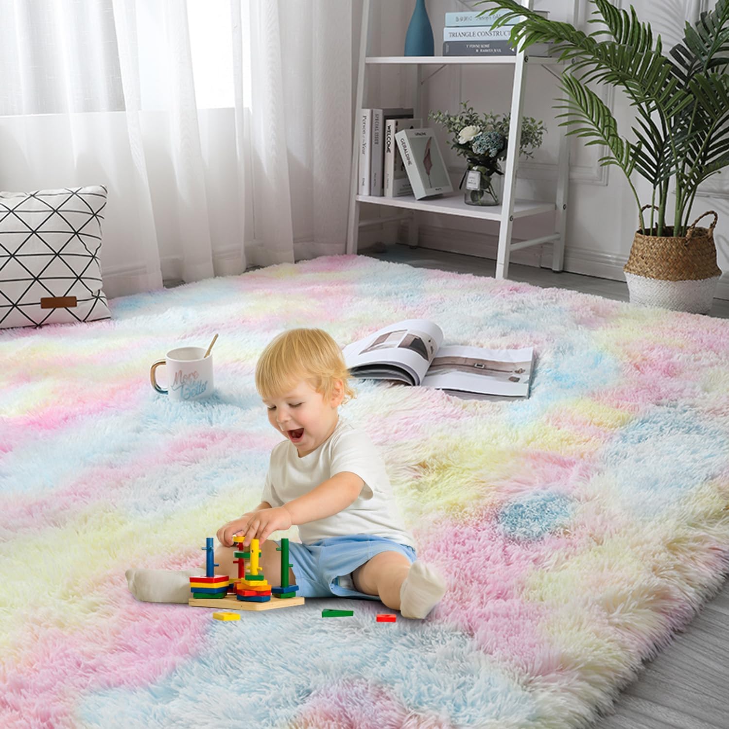 Rainbow Rug for Girls Bedroom,3X5 Tie Dyed Fluffy Area Rug,Soft Fuzzy Shaggy Rugs for Kids Room,Non-Slip Bottom Furry Carpet for Nursery,Rainbow Rug
