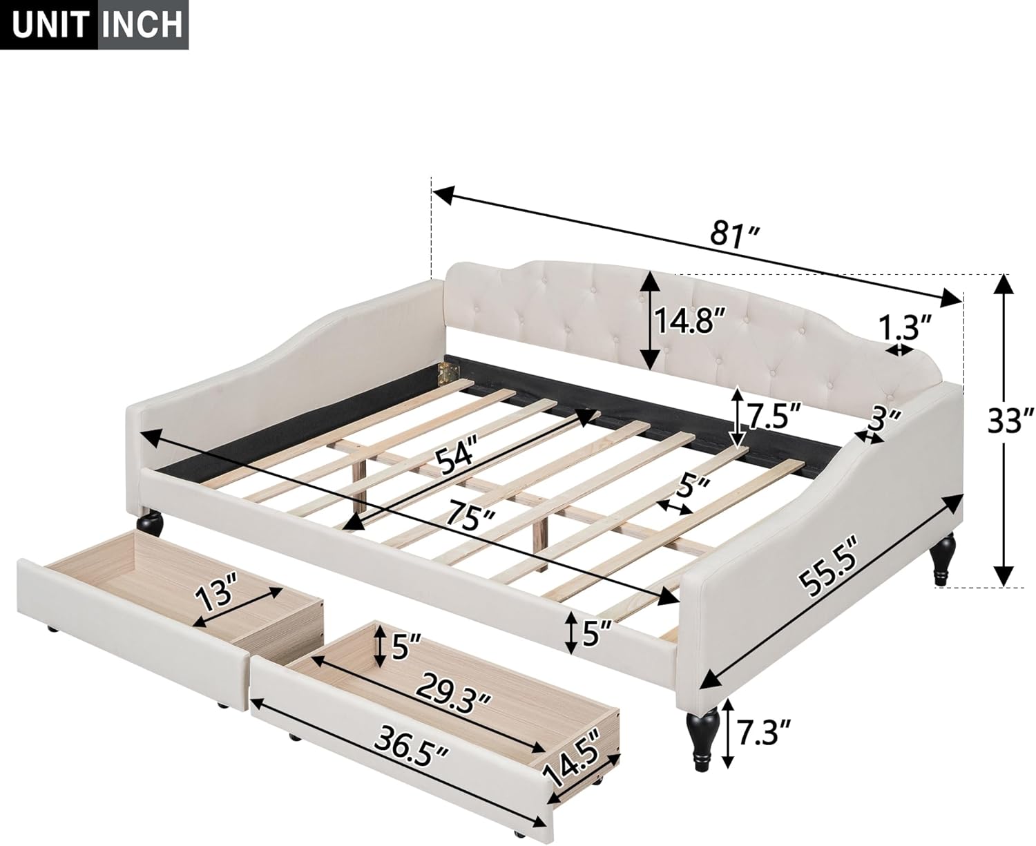 Upholstered Full Daybed with 2 Storage Drawers, Full Size Daybed Frame with Button Tufted and Wingback Design, Wooden Full Sofa Bed for Livingroom Bedroom, No Box Spring Needed,Beige