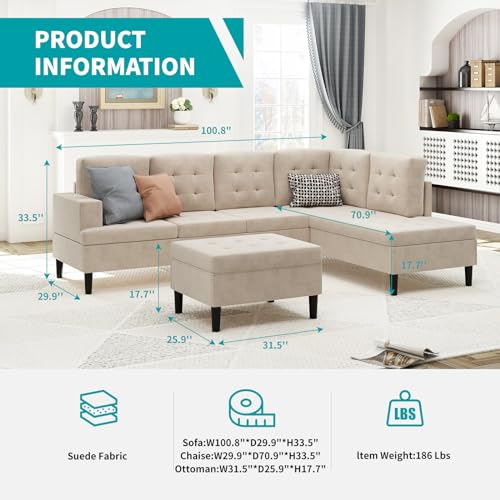 BALUS 101 Inch Sectional Couch U Shaped Sofa for Living Room, Movable Storage Ottoman, Oversized Sofa, Modern Design, Chaise Lounge, Easy Assembly, Grey