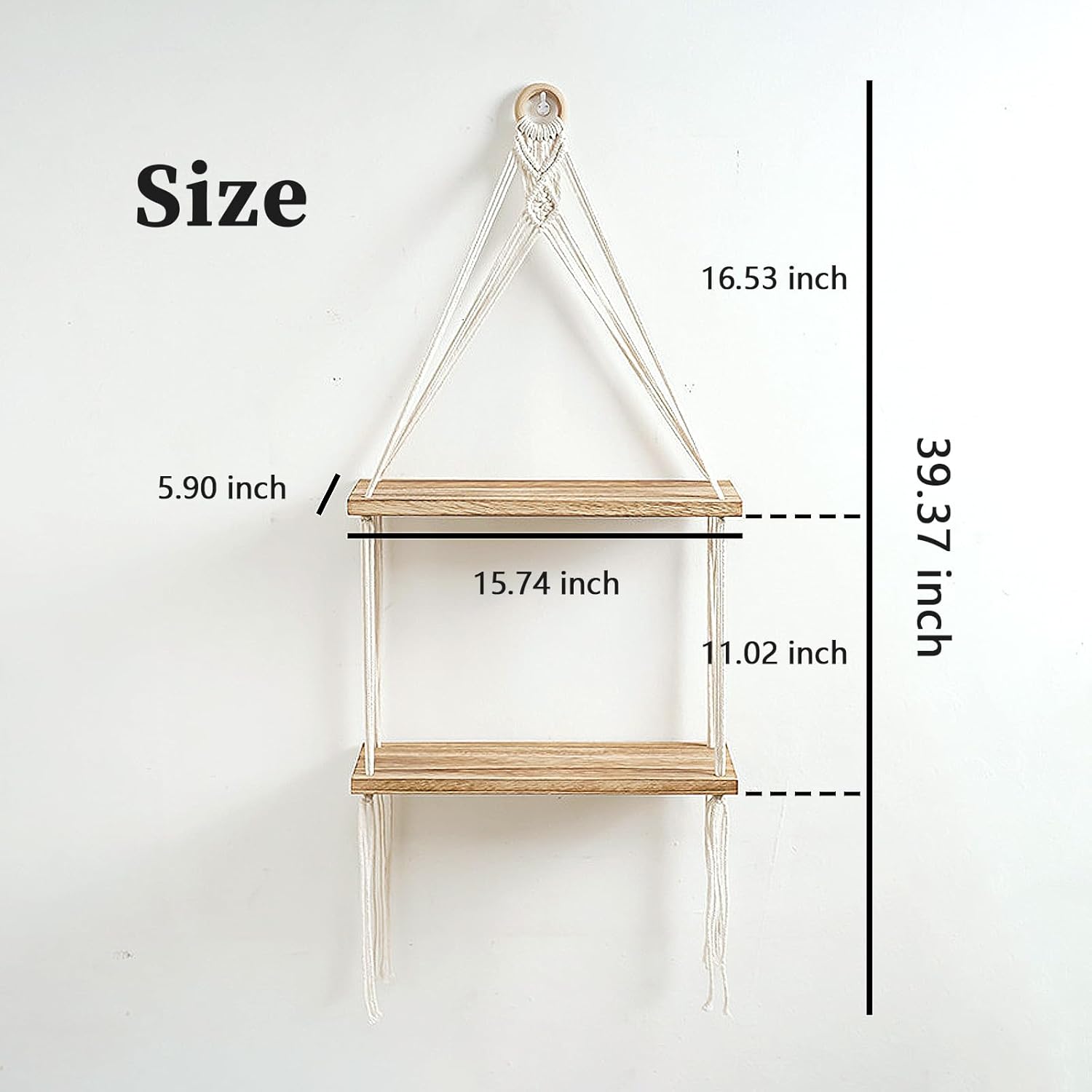 Macrame Shelf Shelf Boho Wall Decor 2 Tier Handmade Cotton Rope Rustic Wood Floating Shelves Display Photos Plants Hanging Storage Shelving for Living Room Nursery Bathroom Bedroom