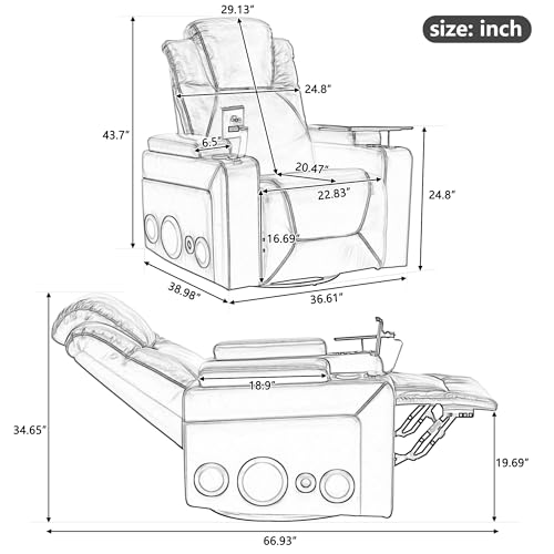 Electronic Power Swivel Recliner Chair 270 Degree Rocking Nursery Glider Chair with Comforable Backrest, Tray Table, Phone Holder, Cup Holder, USB Port, Hidden Arm Storage Theater Recline Chair