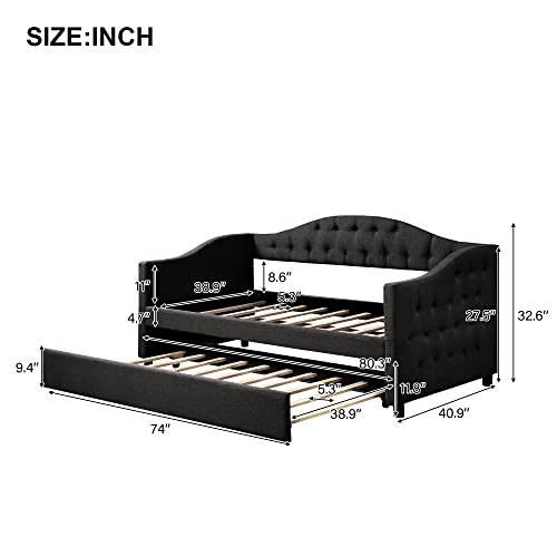 Flieks Twin Upholstered Daybed, Linen Fabric Upholstered Tufted Sofa Bed with Trundle, Sofa Bed Trundle Daybed with Wood Frame, Beige