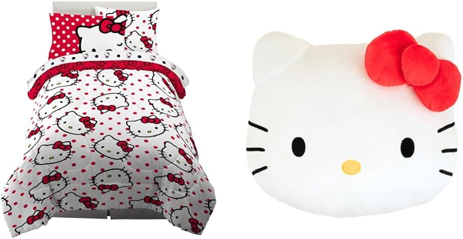 Franco Hello Kitty Polka Dot Bedding 5 Piece Twin Bedding Set with Reversible Comforter and Sheet Set, Decorative Plush Throw Pillow