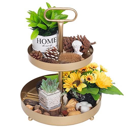MAONAME White 2 Tiered Tray, Metal Two Tier Tray with Handle, Decorative Tray for Kitchen, Living Room, Bathroom, Seasonal Decor