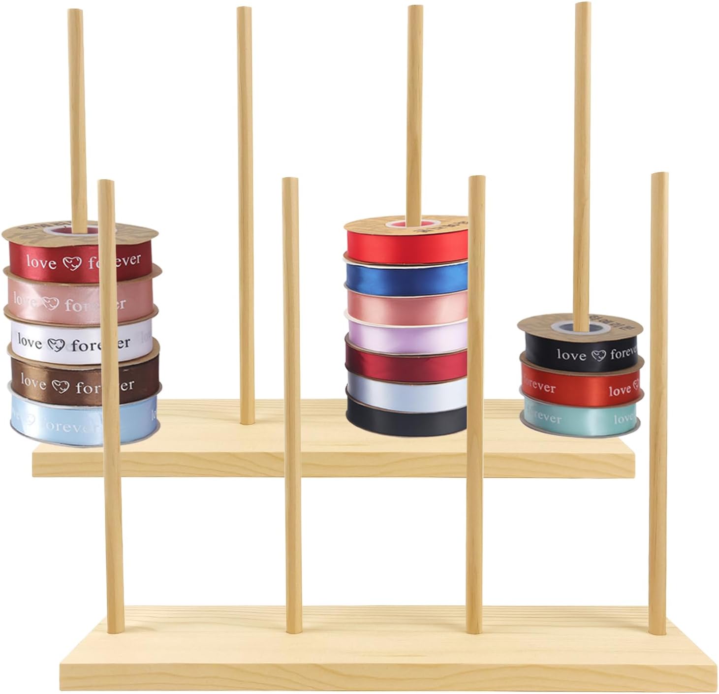 Wooden Ribbon Rack Storage, 2 Pcs Ribbon Organizer Spool Holders, Washi Tape Organizer Wire Spool Stand Holder for Sewing Craft Mesh Thread Tape Wreath Crochet Roll Florist Arts Wrapping Gift