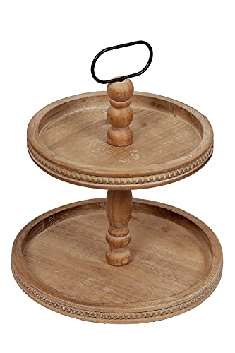 Carah&Cossh Distressed Rustic Brown Wood Two-Tier Tray with Metal Handle, Two Tier Stand with Beads，Farmhouse 2 Tier Serving Tray for Coffee Bar, Kitchen Counter, Dining Room Table(Brown)