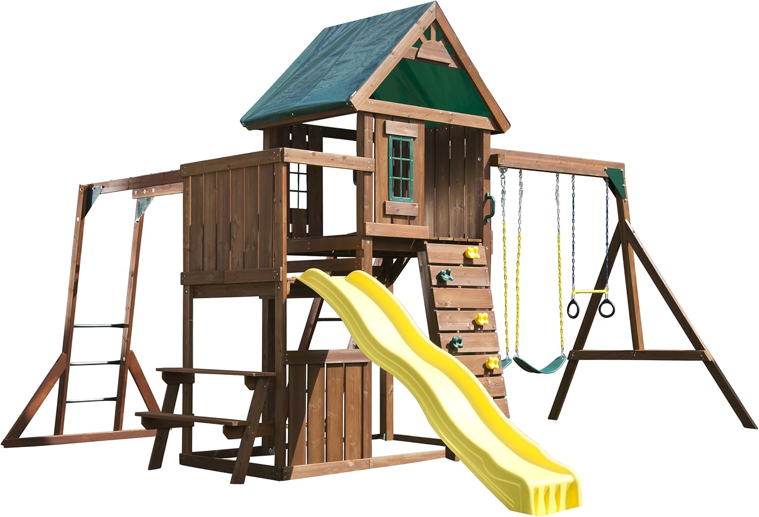 Swing-N-Slide Chesapeake Wood Complete Play Set with Two Swings, Monkey Bars, Slide, Climbing Wall and Picnic Table , Brown
