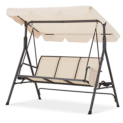 HABUTWAY Outdoor Patio Swing with Canopy,Porch Swing with Stand 3 Person,Heavy Duty Outdoor Swing Chair,Textilene Fabric,Steel Frame,Storage Pocket,Utility Tray,Brown