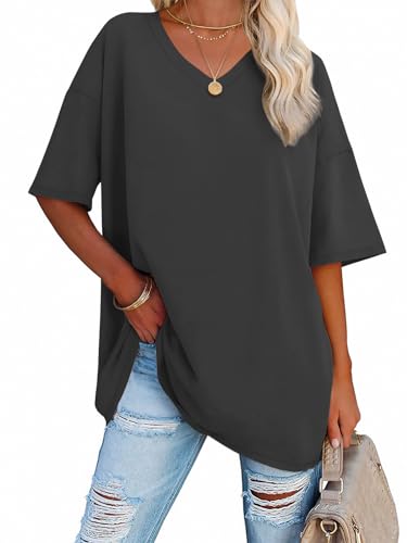 ATHMILE Womens Oversized T Shirts V Neck Tees Half Sleeve Cozy Comfy Tunic 2024 Y2K Tops Casual