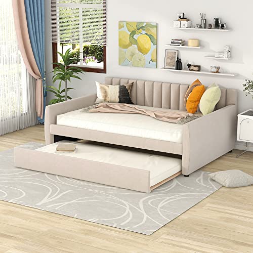 MERITLINE Twin Size Upholstered Daybed with Drawers, Upholstered Tufted Sofa Bed Twin Daybed with Storage and Wood Frame, No Box Spring Needed (Twin, Beige)