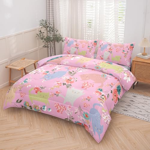 Kawaii Cat Bedding, Cartoon Cat Comforter Twin, Pink Cat Comforter Set for Kids Teens Girls, Girls Comforter Set Twin, Lovely Kitten Print Bed Set （1 Comforter and 1 Pillow Cases）
