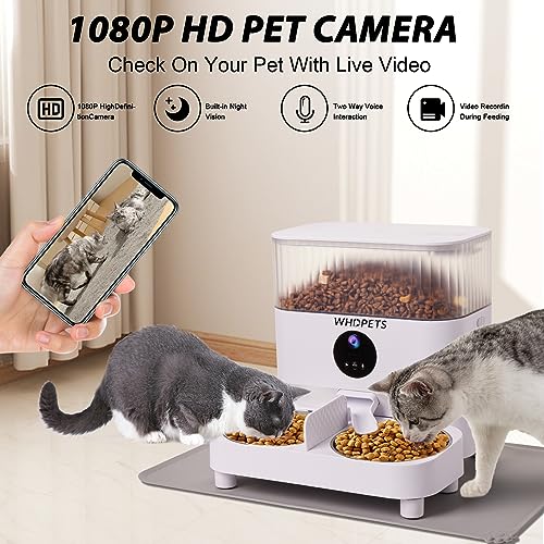 Automatic Cat Feeders, WHDPETS WiFi Pet Feeder with 1080P Camera for 2 Cats & Dogs, 5L Auto Dog Food Dispenser with Feeding Mat, Portion Control, Dual Power Supply, Voice Recorder, 2.4G Wi-Fi Enabled