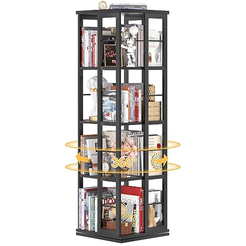 Aheaplus Rotating Bookshelf, Corner Bookshelf, 360 Display Wood Spinning Bookshelf, Floor Standing Bookcase Narrow Shelf Revolving Organizer Storage Rack for Small Space, Bedroom, Study Room, Grey Oak