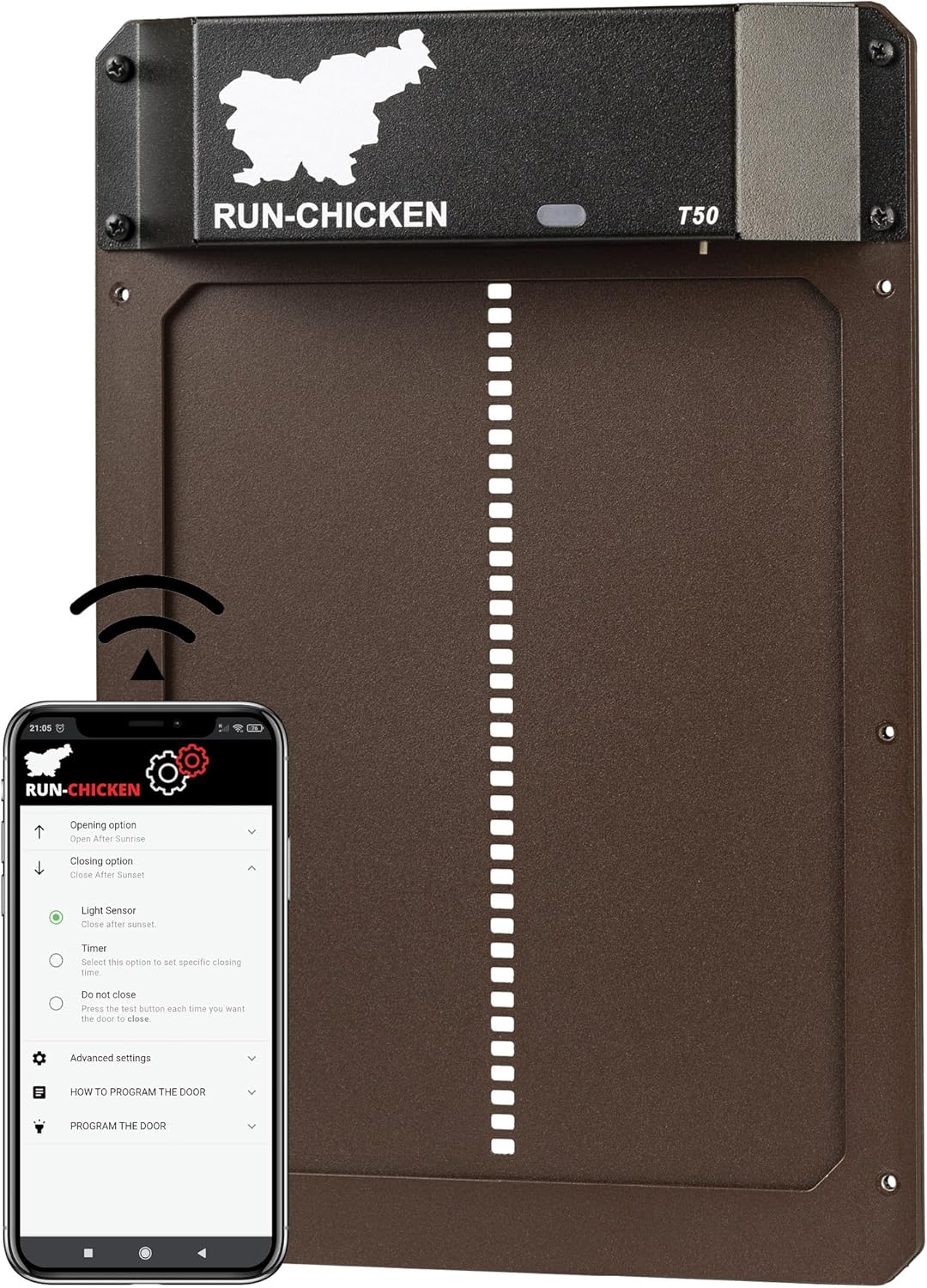 RUN-CHICKEN Door (Brown) Automatic Chicken Coop Door, Programmable with App, Battery Operated, Evening and Morning Delay, Aluminum Door, Electric Chicken Run Door, Model T50