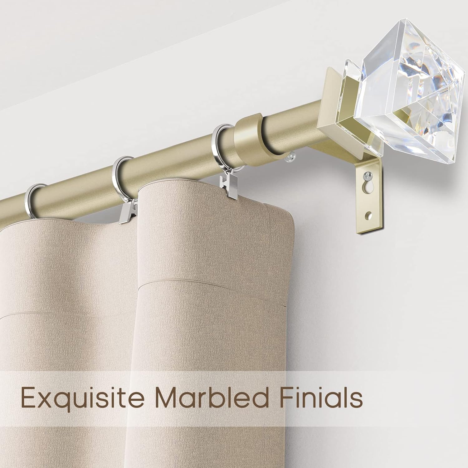 3/4 inch Single Window Curtain Rod with Diamond Acrylic Finial,66-120 inch,Champagne Gold