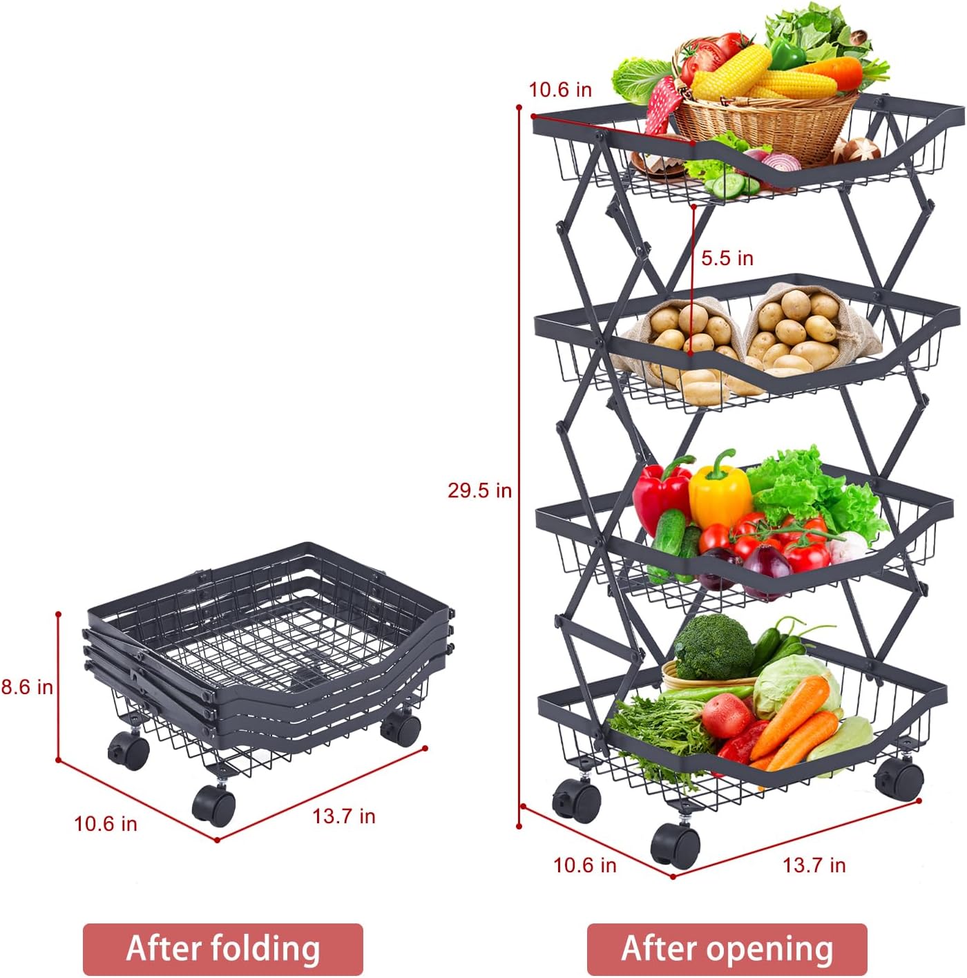 4 Tier Fruit Basket for Kitchen Stackable Metal Wire Fruit Vegetable Basket with Wheels Narrow Corner Rolling Utility Cart for Kitchen, Pantry, Bathrooms, Garage