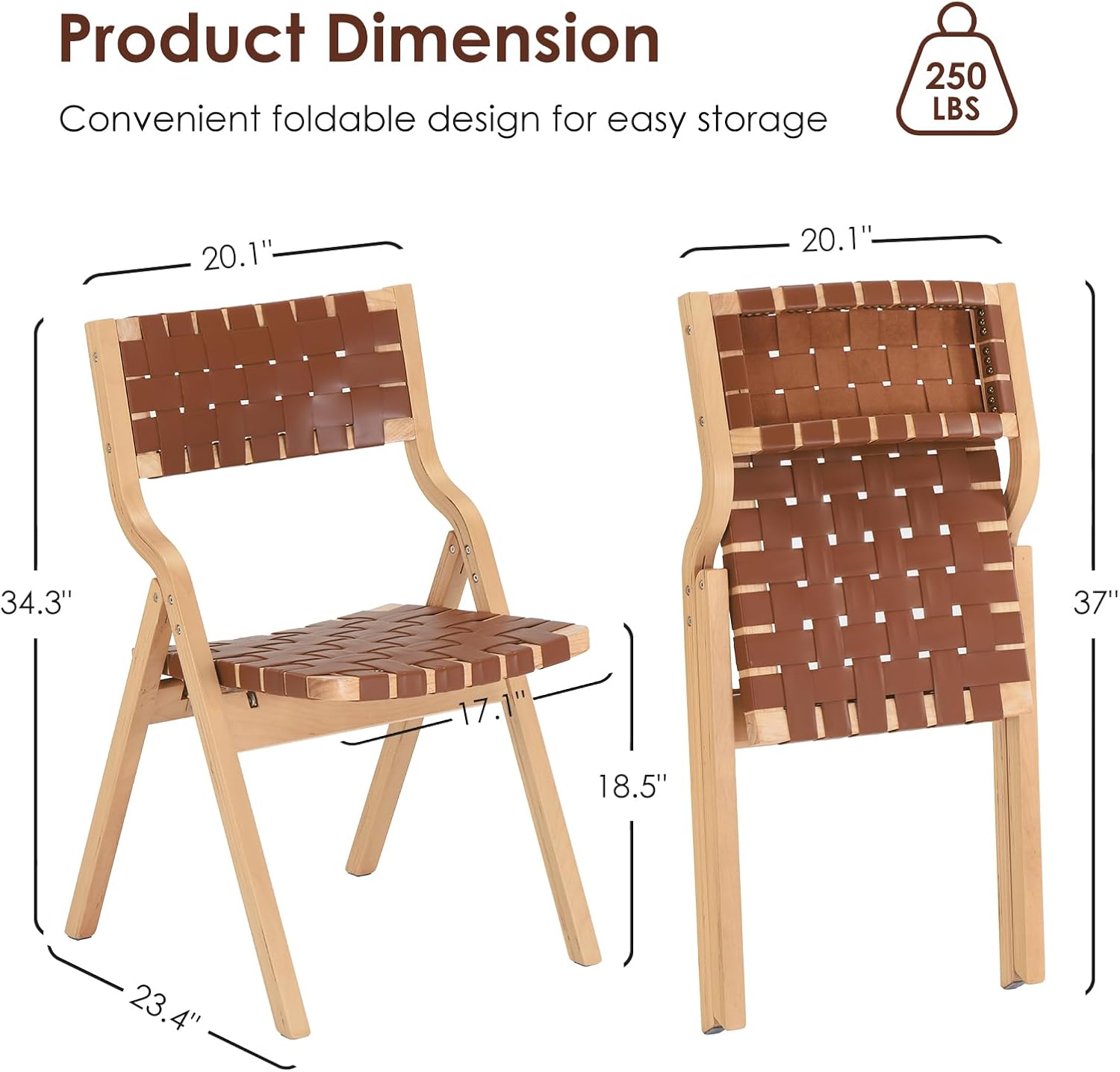 Wood Folding Chairs, Foldable Chairs Indoor stackable Chairs Wooden Leather Dining Chairs for Kitchen & Dining Room Chair Woven Seat & Webbing Back, Armless Accent Chairs set of 2 Brown