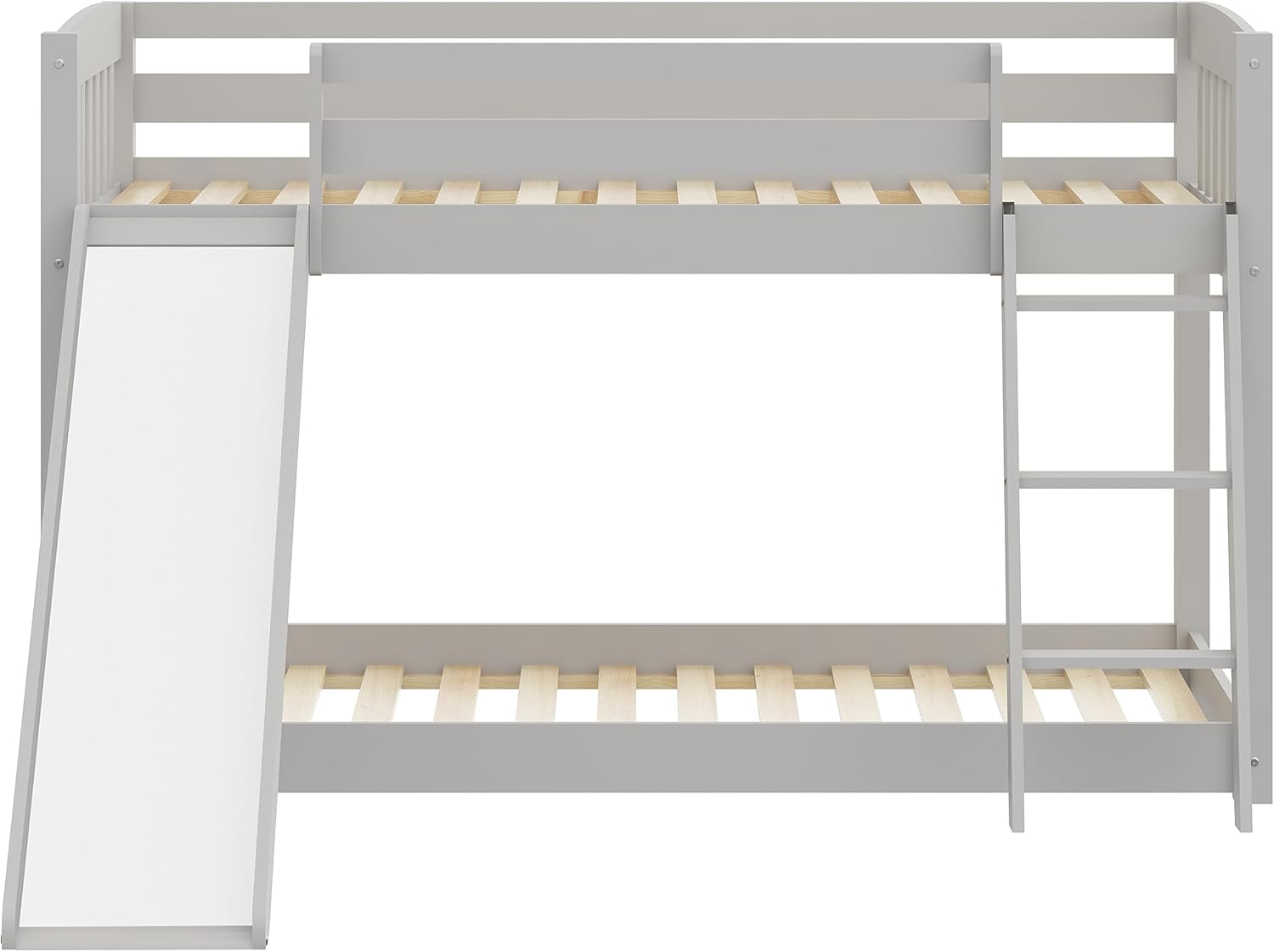 Kids Bunk Bed Twin Over Twin with Slide and Stairs, Heavy Duty Solid Wood Twin Bunk Beds, Toddler Bed Frame with Safety Guardrails, Grey