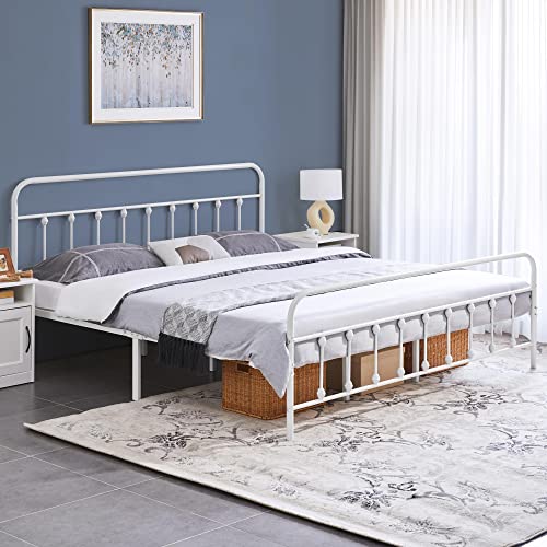 Topeakmart Queen Size Victorian Style Metal Bed Frame with Headboard/Mattress Foundation/No Box Spring Needed/Under Bed Storage/Strong Slat Support White