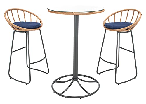 Safavieh Outdoor Collection Lersa Rattan/Navy Cushion 3-Piece Bar Stool Patio Backyard Lounger Set PAT9015A, Natural/Beige