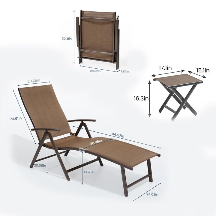 Pellebant 3PCS Aluminum Patio Chaise Lounge Chair and Table, Adjustable Chair for Outside with 8 Backrest Positions, Brown Frame, Folding Outdoor Recliners All Weather for Beach, Pool and Yard, Brown
