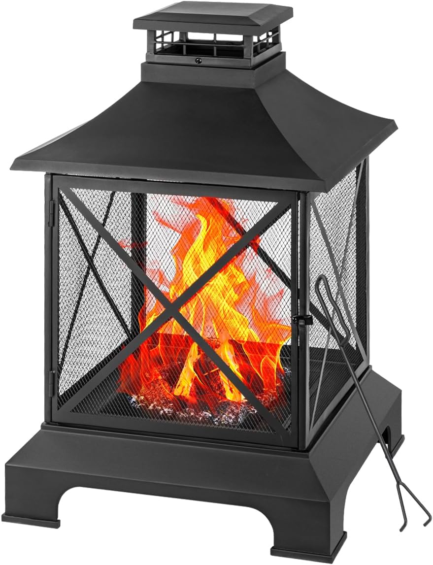 24” Square Fire pit, Outdoor Wood Burning Fire Pit & Metal Chiminea Fireplaces with Spark Screen Doors for Outside Patio Garden Backyard Bonfire Party