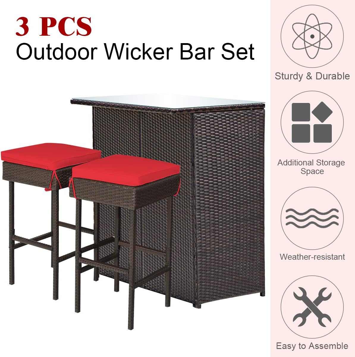 COSTWAY 3PCS Patio Rattan Wicker Bar Table Stools Dining Set Cushioned Chairs Garden Red