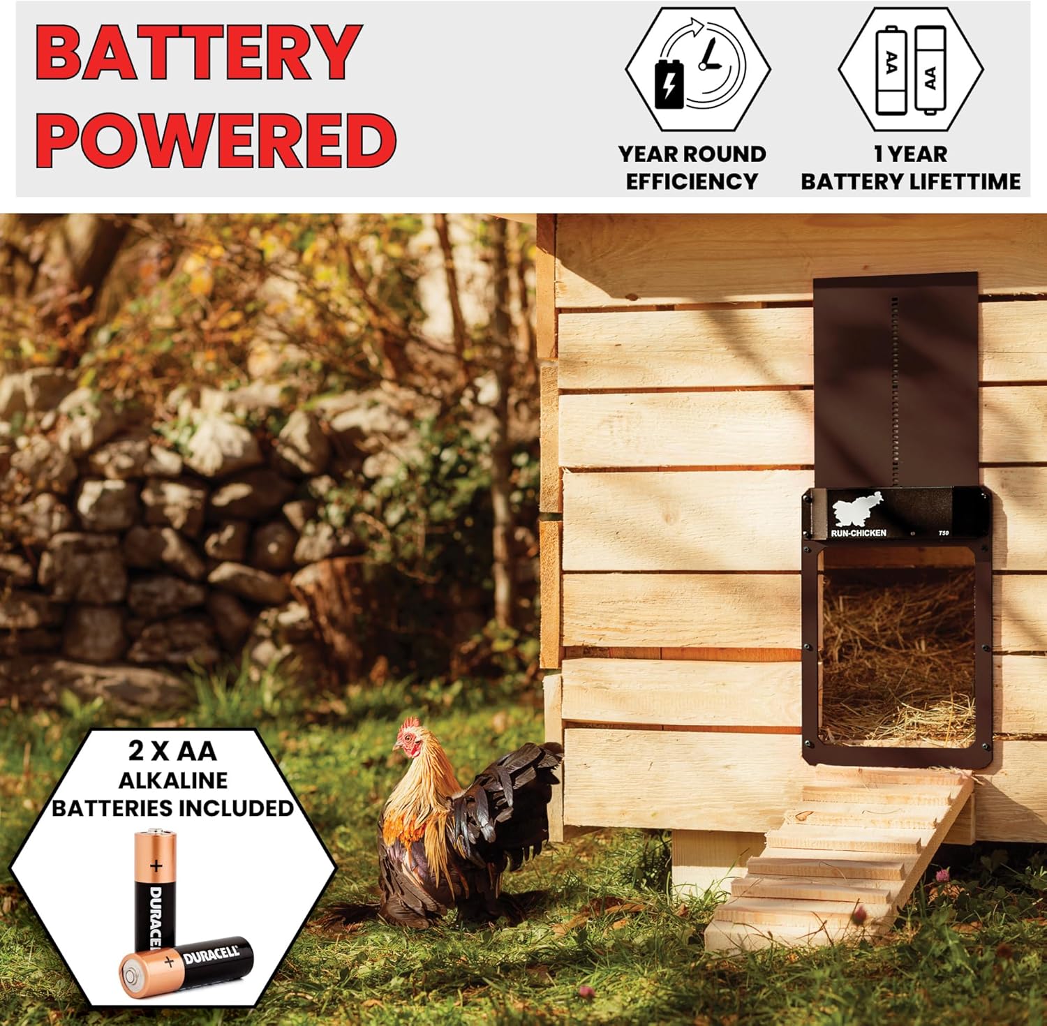 RUN-CHICKEN Door (Brown) Automatic Chicken Coop Door, Programmable with App, Battery Operated, Evening and Morning Delay, Aluminum Door, Electric Chicken Run Door, Model T50