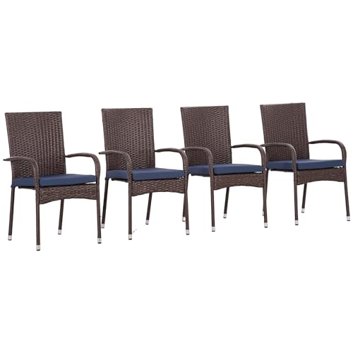 Outsunny Stackable PE Rattan Outdoor Dining Chairs with Cushions, Set of 4 Patio Wicker Dining Chairs with Armrests and Backrest for Patio, Deck, Blue